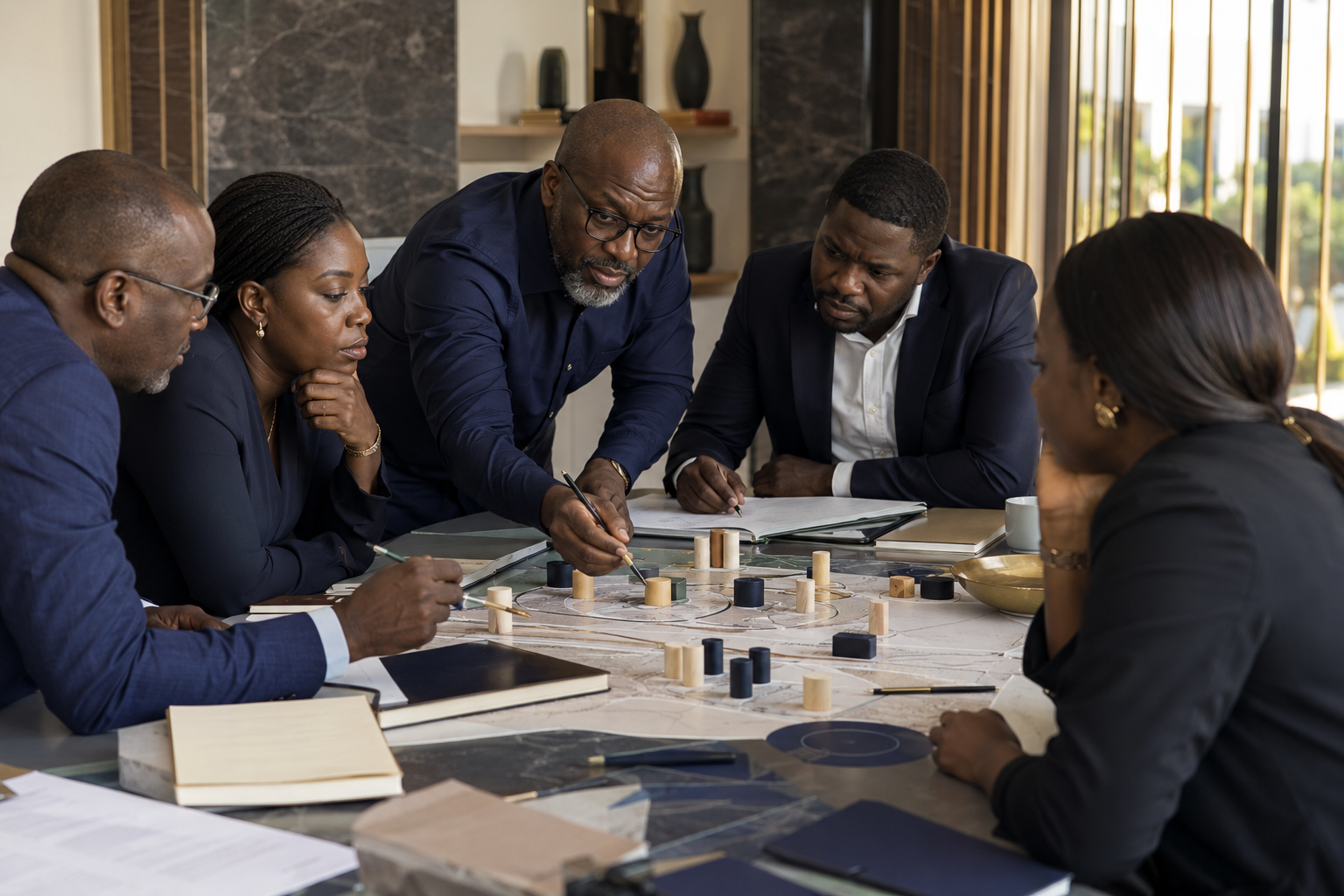 West African advisers and executives collaborating on a strategy